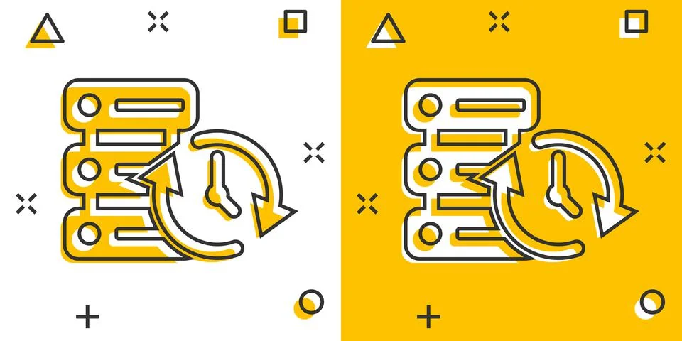 Data center icon in comic style. Clock vector cartoon illustration on white i Ilustración de archivo