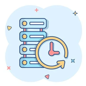 Data center icon in comic style. Clock vector cartoon illustration on white i Illustrazione stock