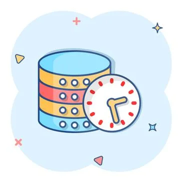 Data center icon in comic style. Clock vector cartoon illustration on white i Ilustración de archivo