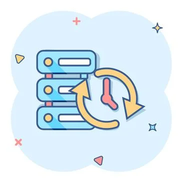 Data center icon in comic style. Clock vector cartoon illustration on white i Illustrazione stock