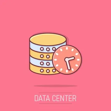 Data center icon in comic style. Clock vector cartoon illustration on white.. Illustrazione stock