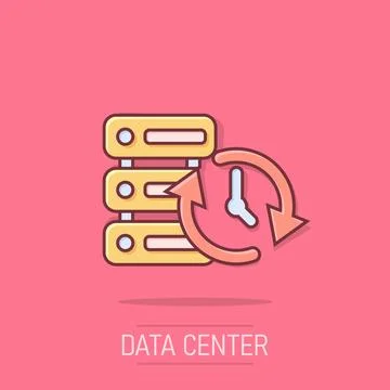 Data center icon in comic style. Clock vector cartoon illustration on white.. Ilustración de archivo