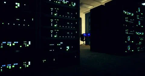 Data center illuminated by server lights during nighttime operations Stock Illustration