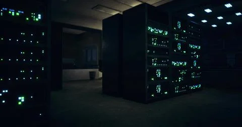 Data center with illuminated servers in dimly lit environment at night Stock Illustration