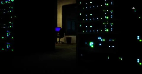 Data center illuminated with vibrant lights and computer equipment at night Stock Illustration