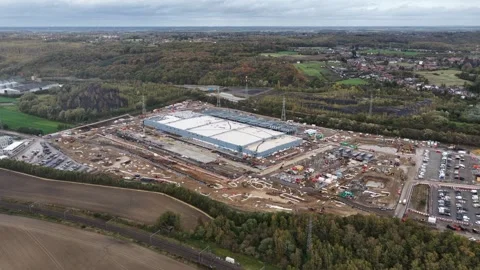 Data center, infrastructure for AI, under construction, Aerial drone video. Stock Footage 320613491