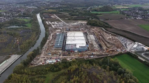 Data center, infrastructure for AI, under construction, Aerial drone video. Stock Footage 320613507
