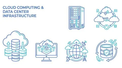 Data center infrastructure and cloud computing outline icon collection Stock Illustration