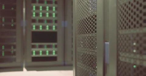 Data center interior with illuminated server racks and advanced technology Stock Illustration