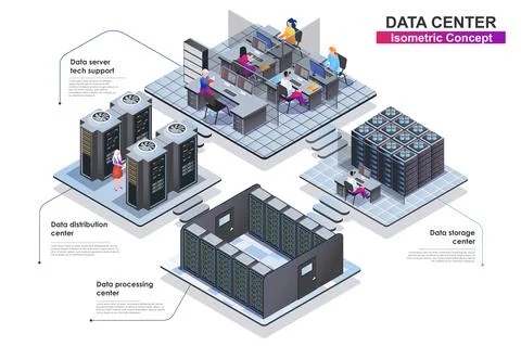 Data center interior isometric concept. Scenes of people characters working i Illustrazione stock