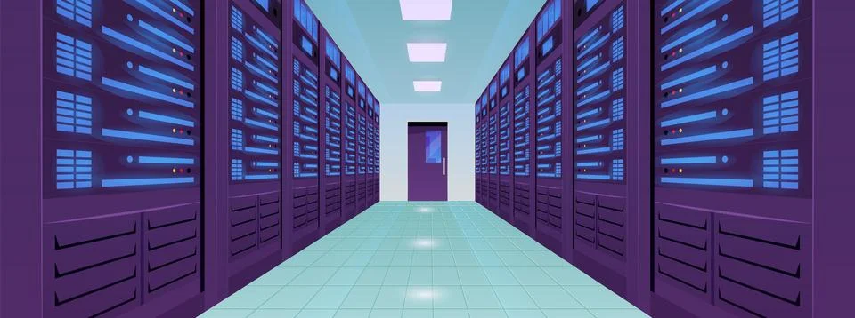 Data center interior with server racks with illuminated screens and a door. Stock Illustration