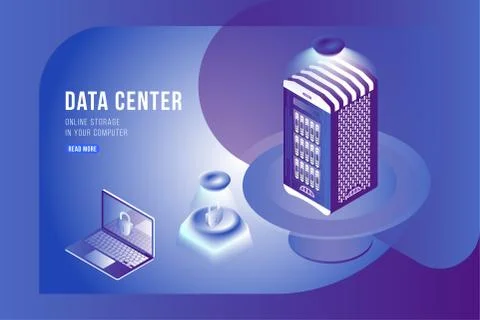 Data Center Isometric concept with online file storage and laptop. Flat 3d il 스톡 일러스트