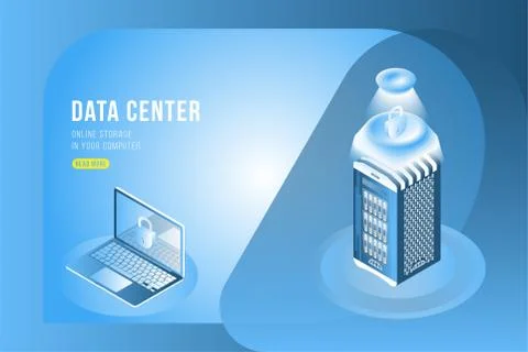 Data Center Isometric concept with online file storage and laptop. Flat 3d il 스톡 일러스트