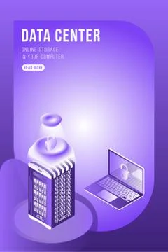 Data Center Isometric concept with online file storage and laptop. Flat 3d il Stock Illustration