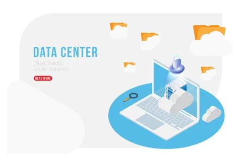 Data Center Isometric concept with online file storage, clouds and laptop. Fl Stock Illustration