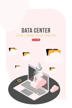 Data Center Isometric concept with online file storage, clouds and laptop. Fl Stock Illustration