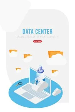 Data Center Isometric concept with online file storage, clouds and laptop. Fl Stock Illustration