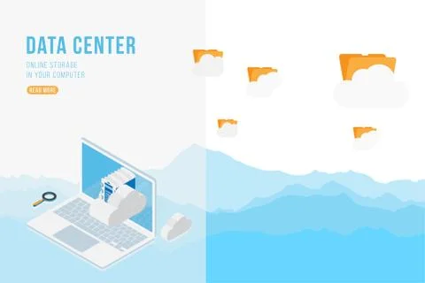 Data Center Isometric concept with online file storage, clouds and laptop. Fl Stock Illustration