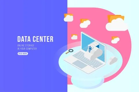 Data Center Isometric concept with online file storage, clouds and laptop. Fl Stock Illustration