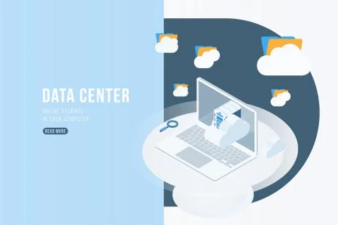 Data Center Isometric concept with online file storage, clouds and laptop. Fl Stock Illustration