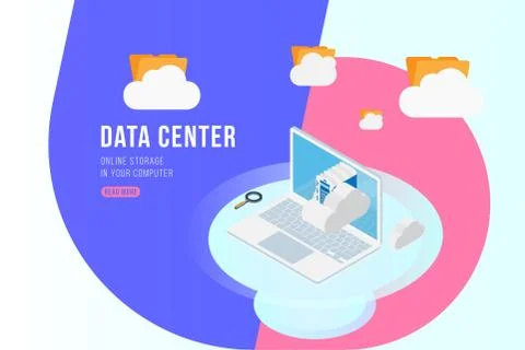 Data Center Isometric concept with online file storage, clouds and laptop. Fl Stock Illustration