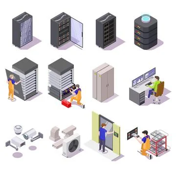 Data center isometric icon set, vector isolated illustration. Computer network Stock Illustration
