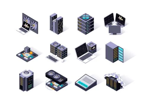 Data center isometric icons set. イラスト素材