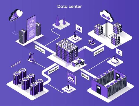 Data center isometric web banner. Networking, database, cloud storage, intern Stock Illustration