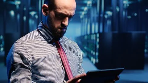 Data center IT engineer standing next to server cabinets Stock Photos
