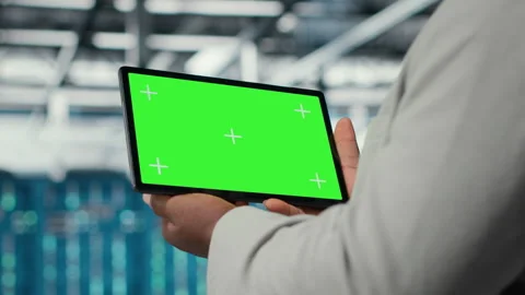 Data center IT expert uses mockup tablet, reviewing rigs performance, closeup 스톡 동영상 311958826