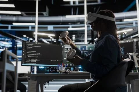 Data center IT expert using VR equipment tech to train neural networks Stock Photos