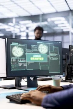 Data center IT expert using PC to successfully eliminate all errors 스톡 사진
