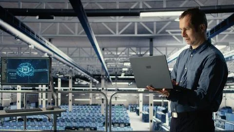 Data center IT professional deploys deep learning software on racks Foto stock