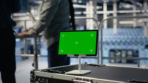 Data center IT professionals check AI dashboard using isolated screen tablet Stock Photos