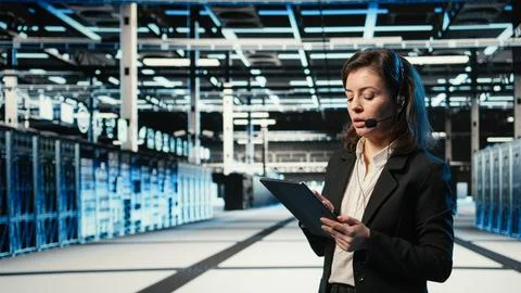 Data center IT support worker diagnosing issues using AR holographic Stock Photos
