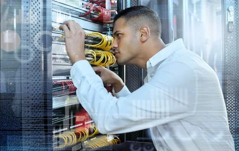 Data center, IT technician and man in server room for 404 error, glitch and Stock Photos