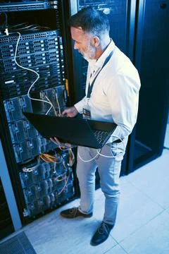 Data center, laptop or man with network cable for inspection, system maintenance Stock Photos