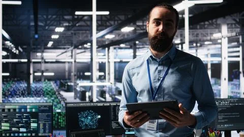 Data center lead programmer showcasing AI technology and rigs 스톡 사진