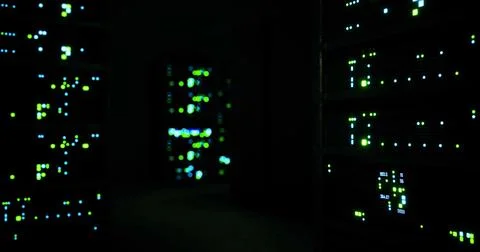Data center lights illuminate technology and hardware in a darkened environme Stock Illustration