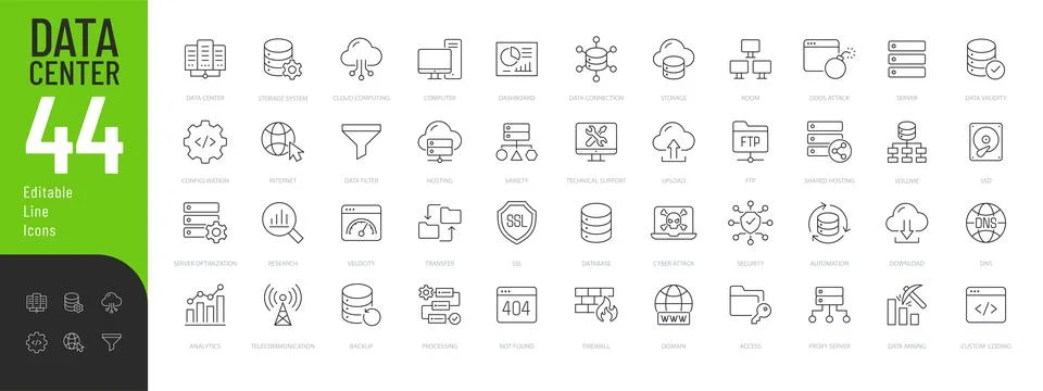 Data Center Line Editable Icons set. Stock Illustration