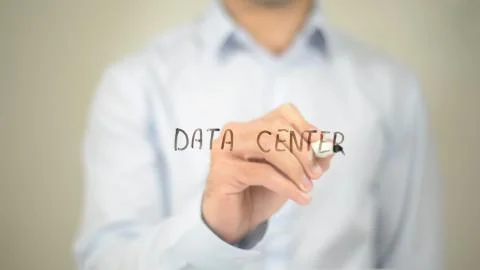 Data Center, Man writing on transparent screen 스톡 사진