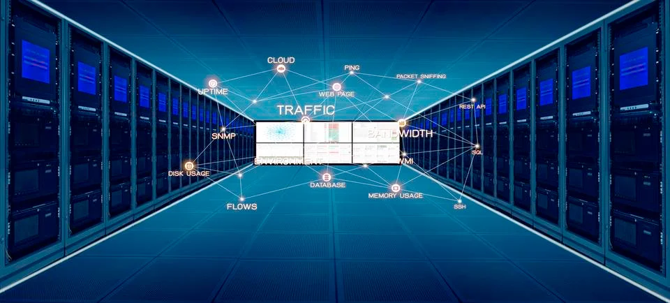 Data center management concept of data center room with server racks and disp Stock Photos