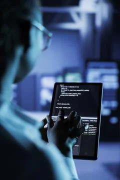 Data center manager codes on tablet Stockfoto's
