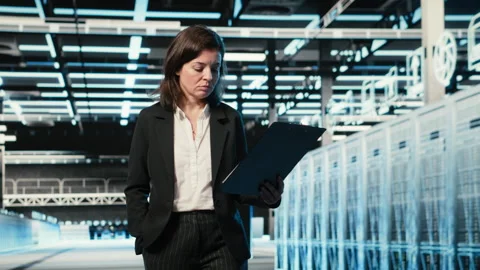 Data center manager inspecting blue wireframe mesh hardware rackmounts Stock Footage 329323502