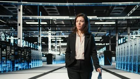 Data center manager inspecting blue wireframe mesh hardware rackmounts 写真素材