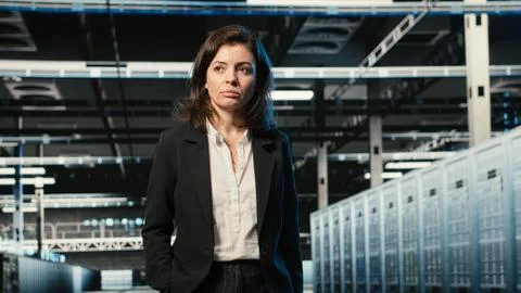 Data center manager inspecting blue wireframe mesh hardware rackmounts Foto stock