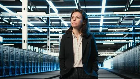 Data center manager inspecting IT infrastructure with blue wireframe mesh Stock Photos