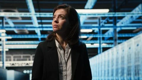 Data center manager inspecting IT infrastructure with blue wireframe mesh Stock Photos