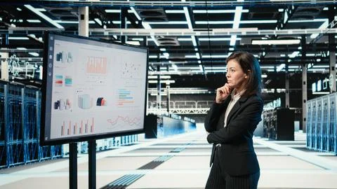 Data center manager looking at infrastructure status infographics on monitor Foto stock