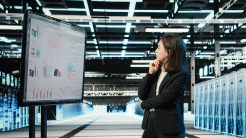 Data center manager looking at infrastructure status infographics on monitor Foto stock